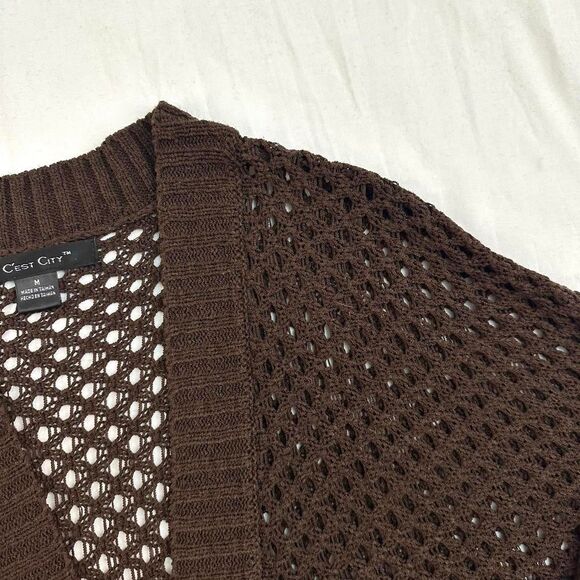 C'est City Brown Loose Open Knit Open Front Cardigan Shrug Sz M Boho Cottagecore - Picture 3 of 4